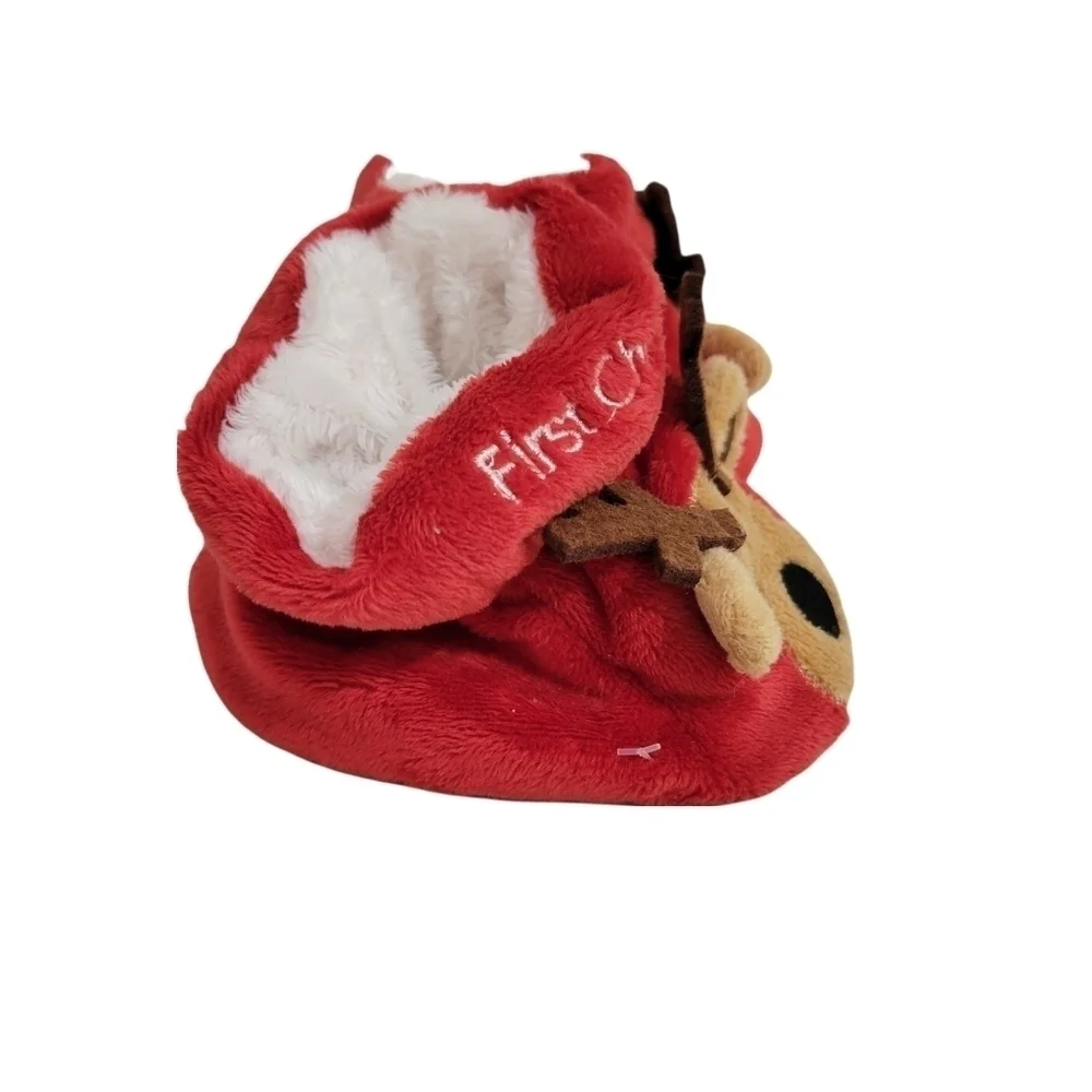 Baby's First Christmas Red Velour Reindeer Slippers Like New